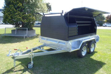 BLACK ALLOY TRADE TOP with Drawers and Shelving on 8x5 Braked HEAVY DUTY TANDEM TRAILER